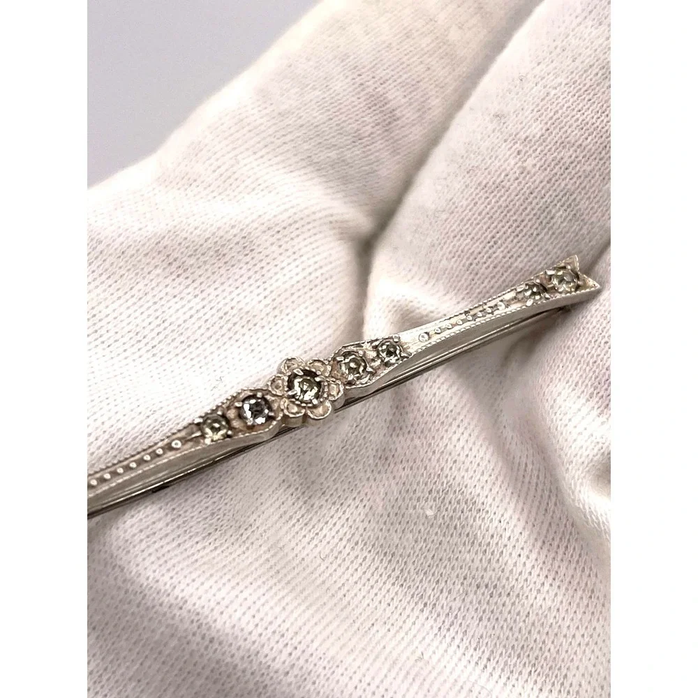Antique Sterling Silver Clear Paste Floral Bar Pin Brooch 2.5in 3.38g